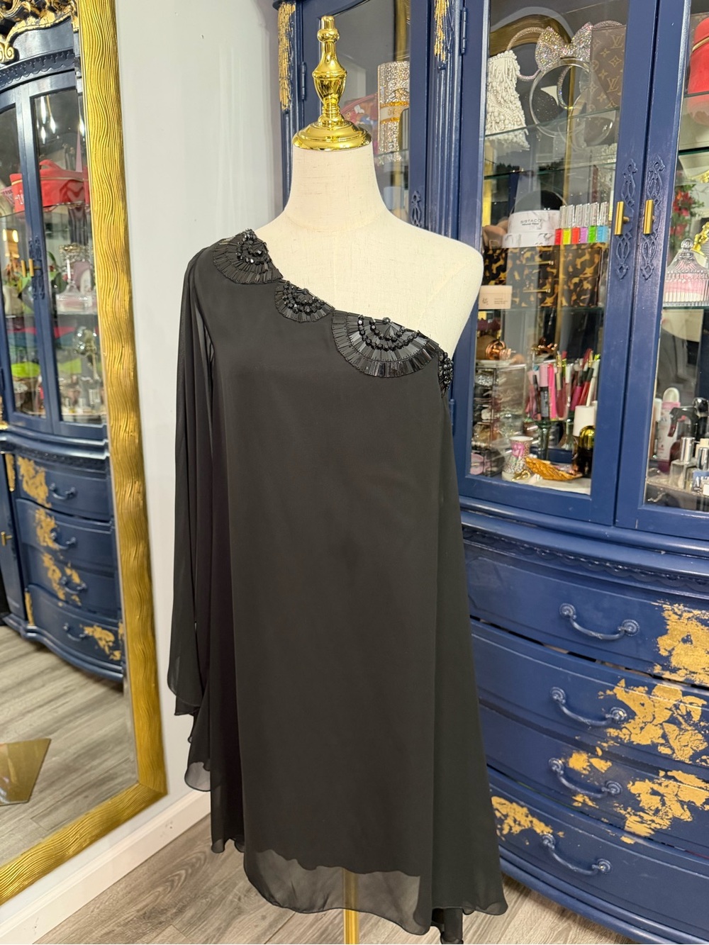 Y2K Bisou Bisou one shoulder black beaded cocktail dress size 10
